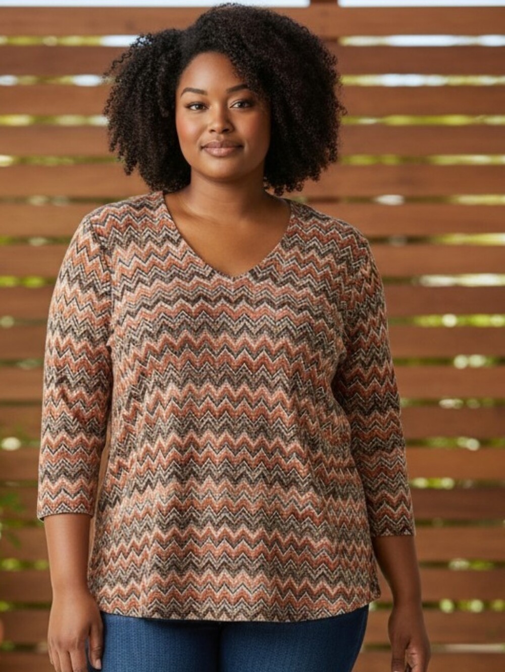 Alfred Dunner Rust, Olive & Black Chevron Knit Top